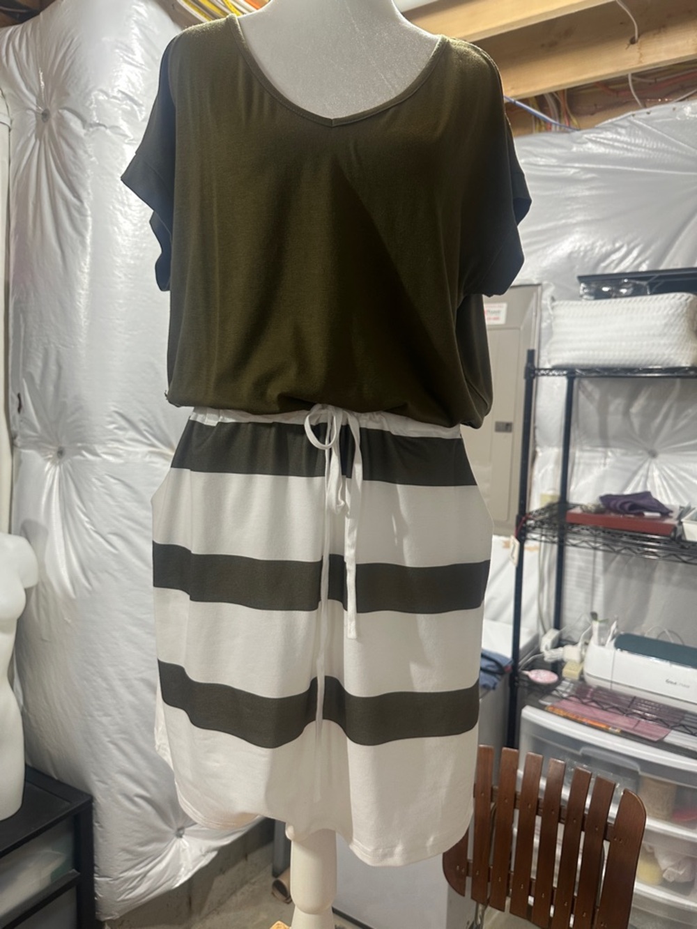 Women’s Olive Green and White Striped Drawstring Dress